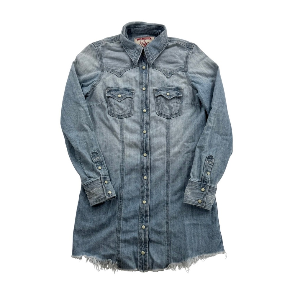 Womens True Religion Rocky Distressed Western Denim Shirt Dress Blue XS W07KB9MD